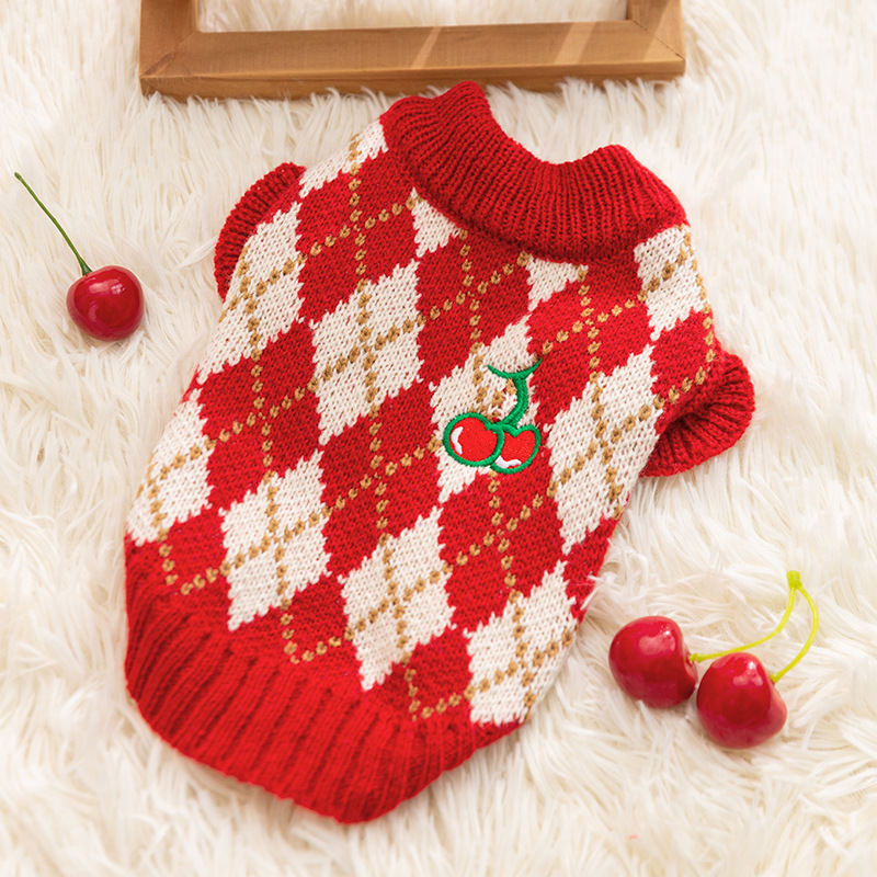 Thick And Warm Diamond-shaped Embroidered Cherry Small Flying Sleeve Sweaters For Dogs In Autumn And Winter, As Well As Pet Clothes For Small And Medium-sized Dogs And Cats