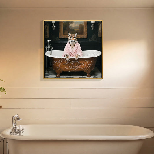 Tiger In Bathtub Wall Art Print Poster, Bathroom Decor Posters Prints For Restroom Home Picture Painting Artwork Gallery 1  Tiger, 16 X 16 Inches, Wood Frame