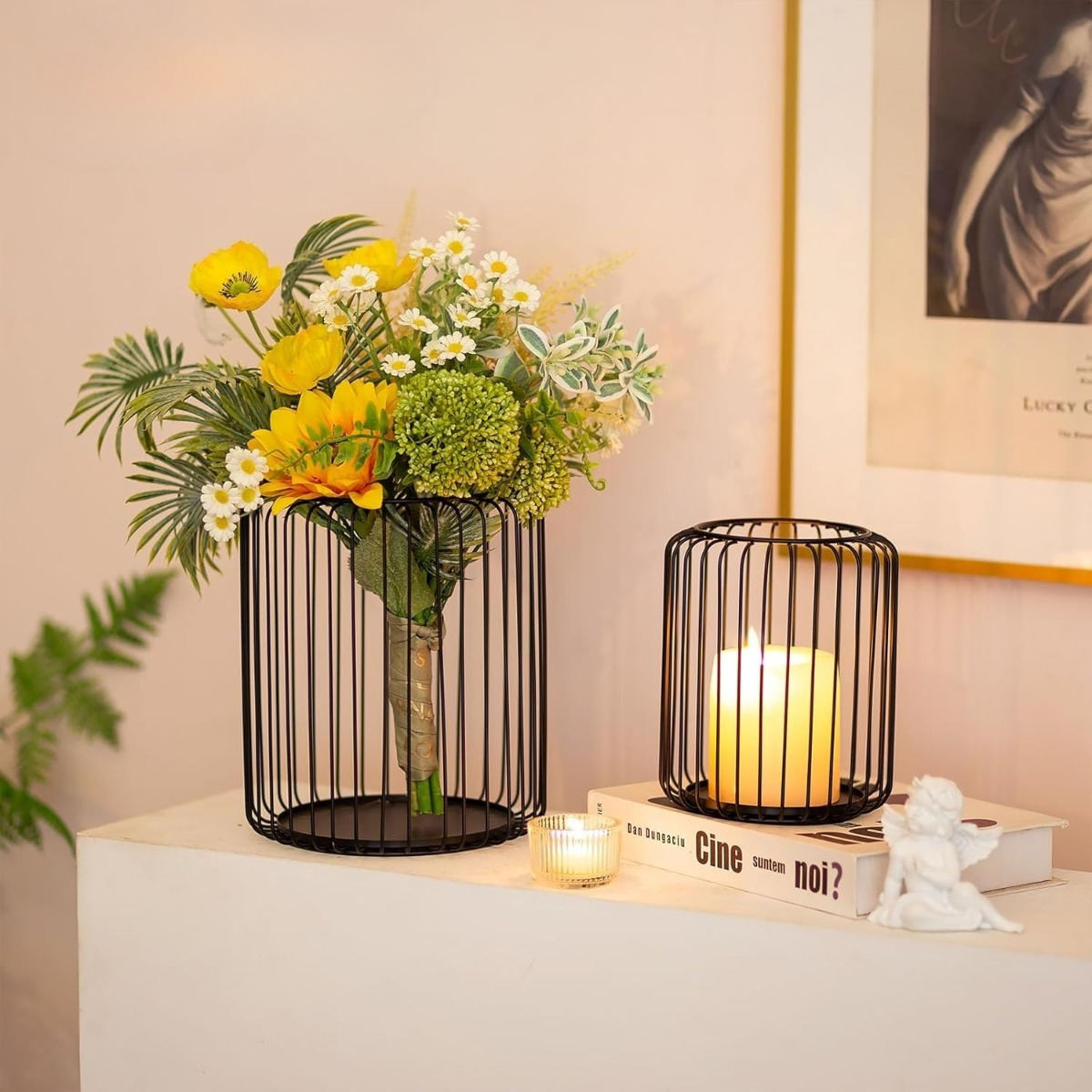 Set Of 2 Metal Candle Holders, Wire Lantern Design In 2 Sizes For Table Decor And Party Accessories