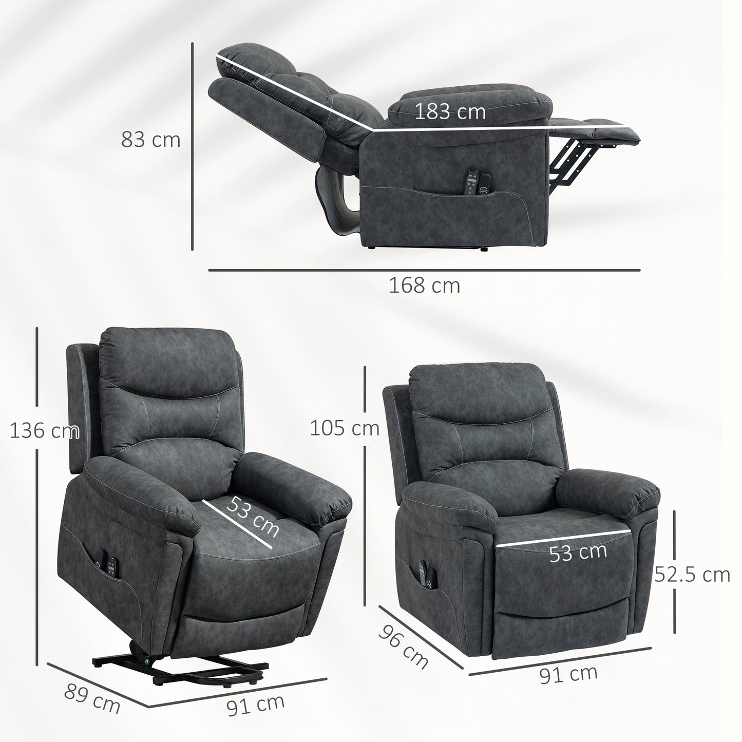 Power Lift Recliner Chair With Vibration Massage, Heat, USB - Grey