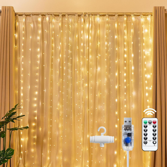 300 LED Fairy Curtain Lights  Warm White Curtain String Lights USB Plug In 8 Lighting Modes Christmas Decoration, Hanging Lights