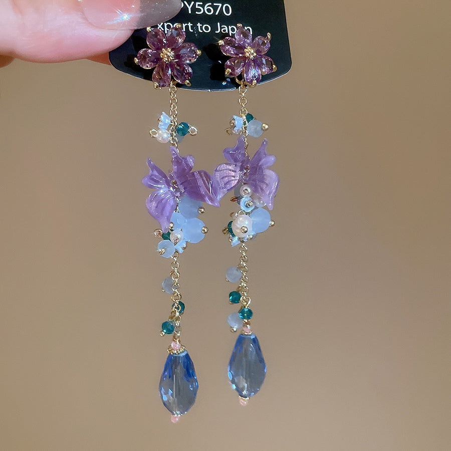 Sweet Purple Crystal Flower Earrings For Women Korean Style Rhinestone Luxury Versatile