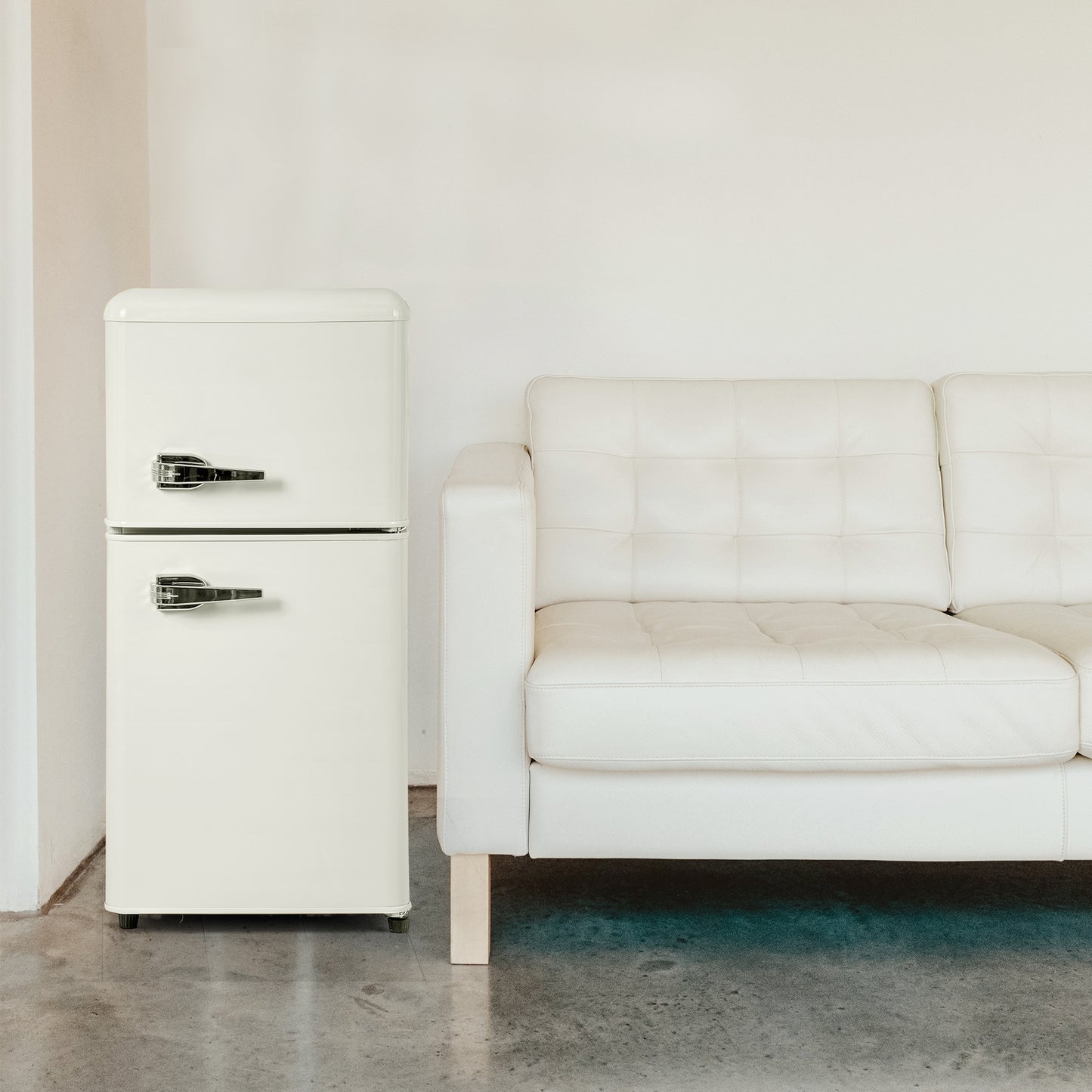 Retro-style Refrigeratorfreezer. 88.8 Cm High, Two-door, 60-liter Total Capacity, 22-liter Freezer Compartment. 102 KWh Year,, LED Lighting. Cream White, Energy Efficiency