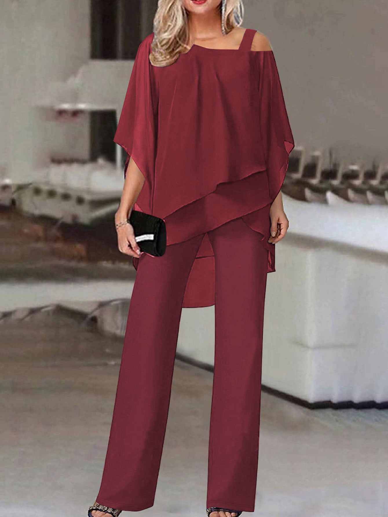 Cold Shoulder Asymmetrical Ruffle Blouse & High Waist Wide Leg Pants Set For Women Casual Elegant Two Piece Outfit Casual Office Wear