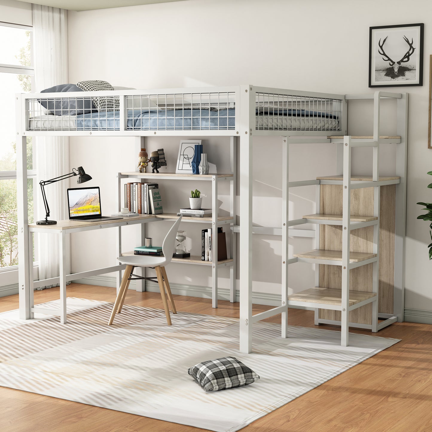 Loft Bed, 140x200 Cm, Iron Bed, Storage Ladder, Several Shelves, Without Mattress, Built-in Wardrobe, Desk, White
