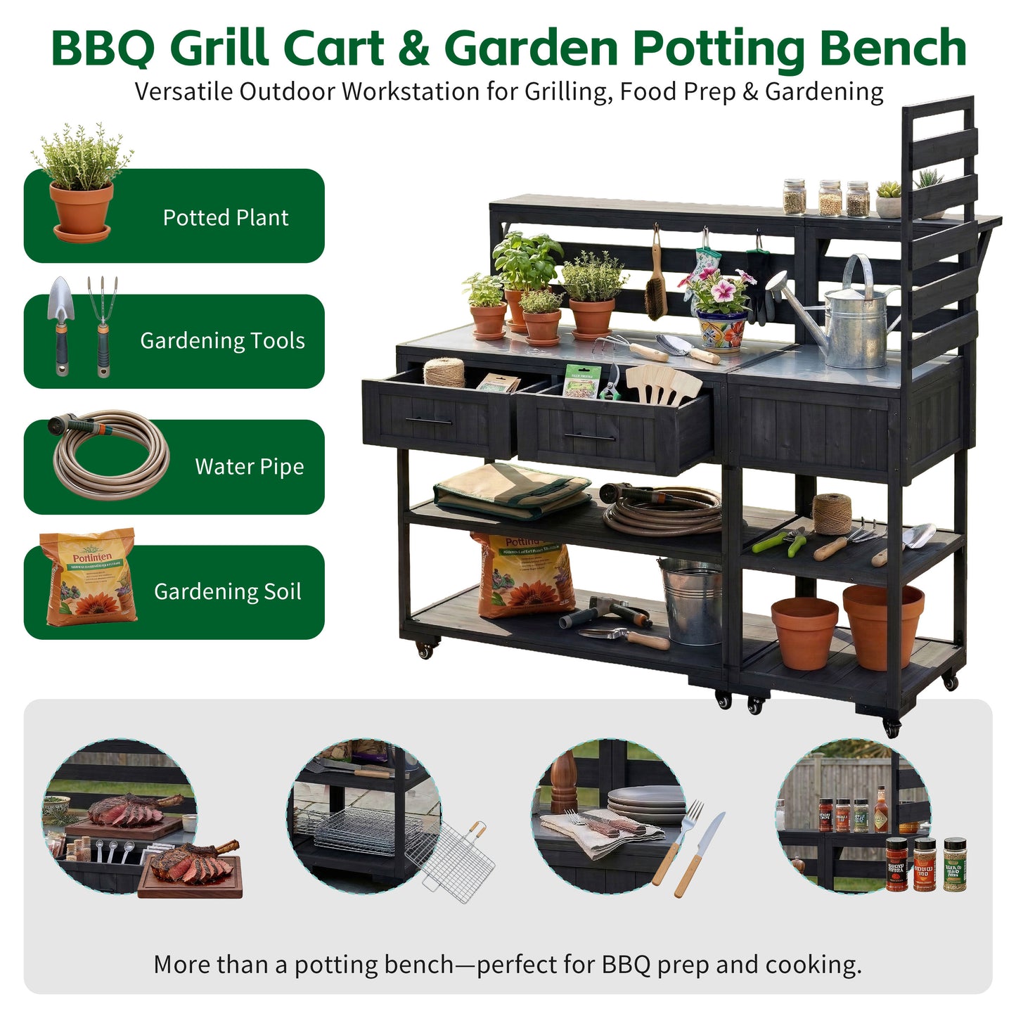 With Assembly Video  TOPMAx 62.3  Patio Kitchen Island Solid Wood Kitchen Cart With Stainless Table Top  Garden Potting Bench With Raised Shelf And Drawers  Grill Prep Table For BBQ  Party  Black