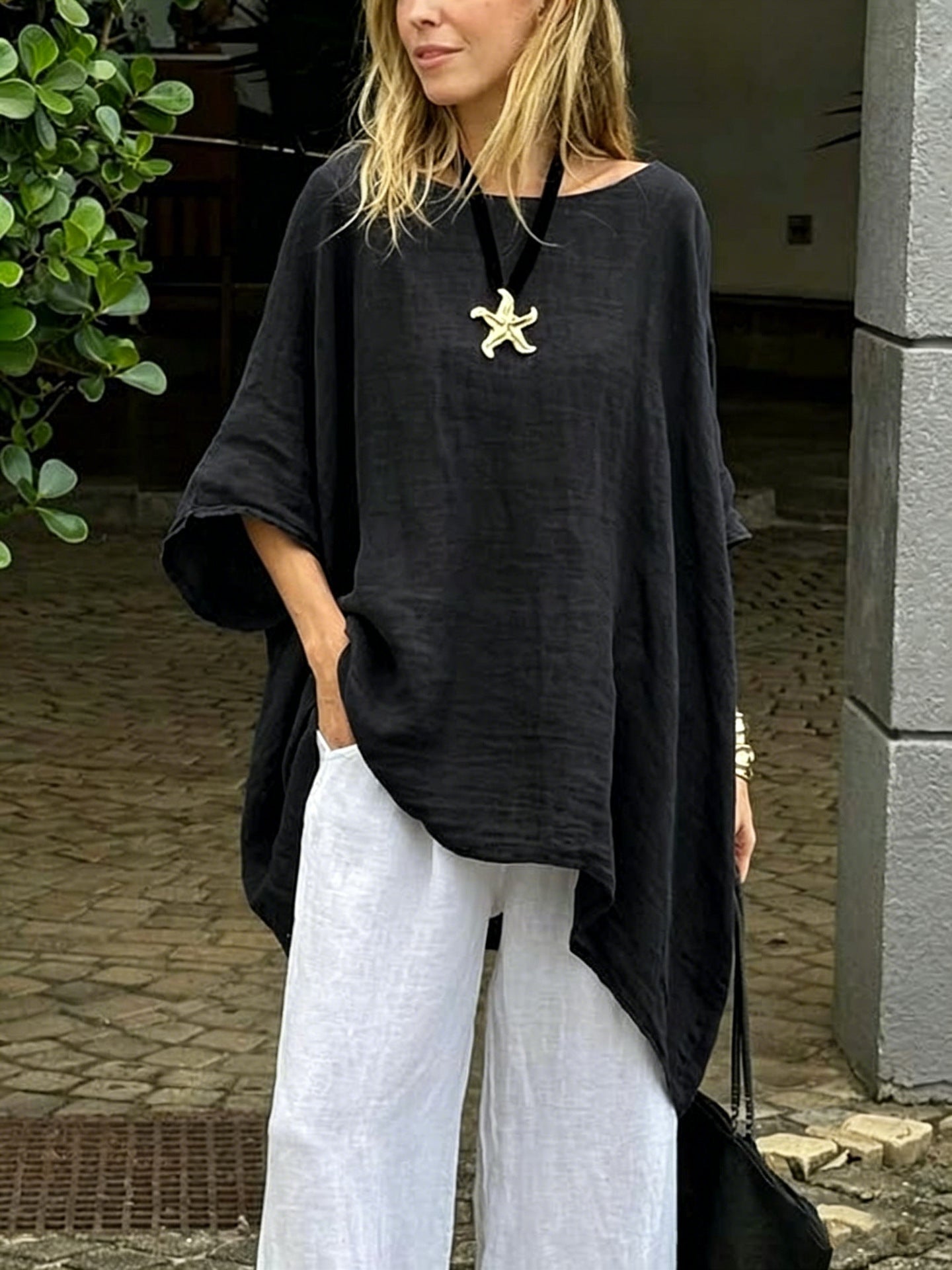 Womens Irregular Fashion Solid-Color Round-Neck Casual Top
