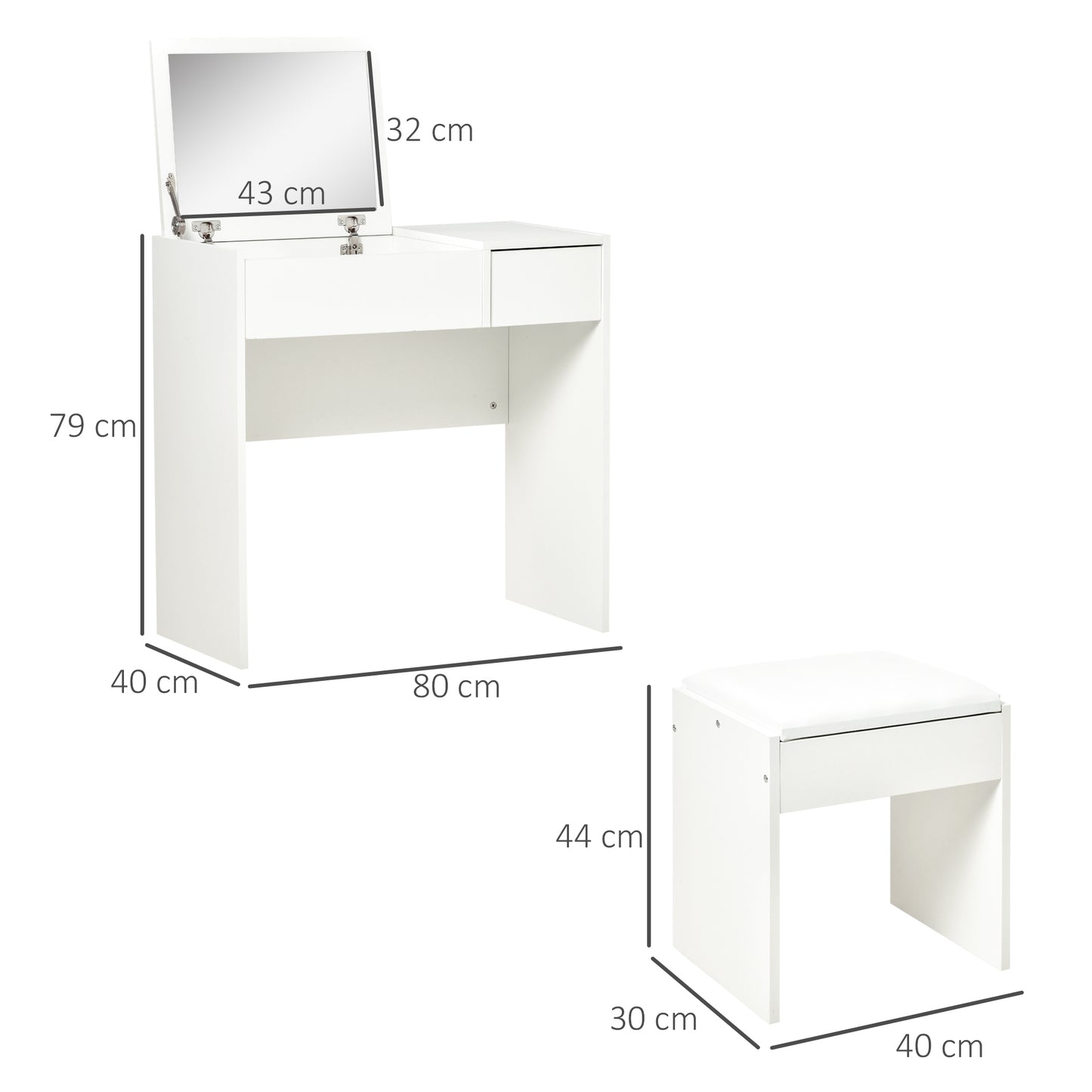 Makeup Desk With Drawer, Vanity Table Set With Flip-up Mirror And Cushioned Stool, White