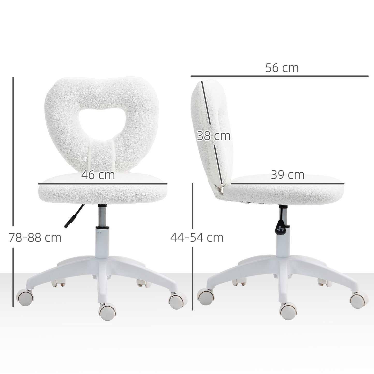 Armless Heart Computer Desk Chair, Teddy Fleece Swivel Office Chair, Makeup Vanity Chair With Height Adjustable, Wheels, For Home Study Bedroom, White
