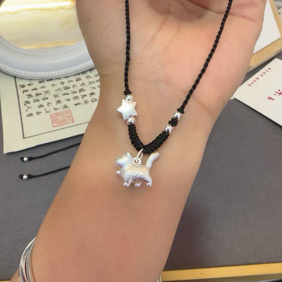 1pcs 999 Sterling Silver Cute Cat & Star Bead Black Cord Braided Necklace, Minimalist Elegant Chinese Style, For Women Daily Casual Wear & Girlfriend Birthday Valentine Gifts