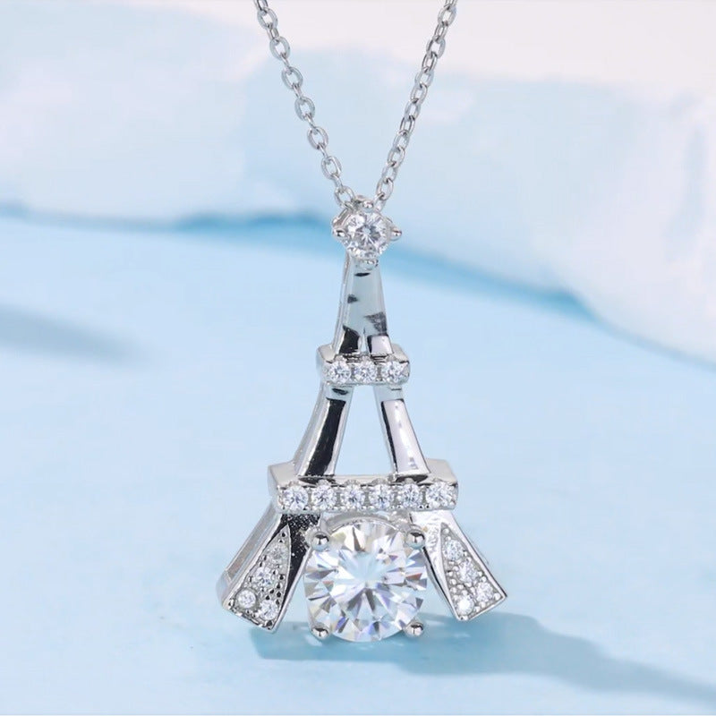 S925 Sterling Silver 1ct D Color VVS1 Moissanite Eiffel Tower Necklace 45cm Platinum Gold Plated GRA Certified Gift Box