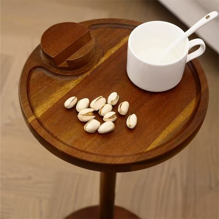 Wooden Round Side Table With A Phone Holder Small Floor-standing Table For Home Use