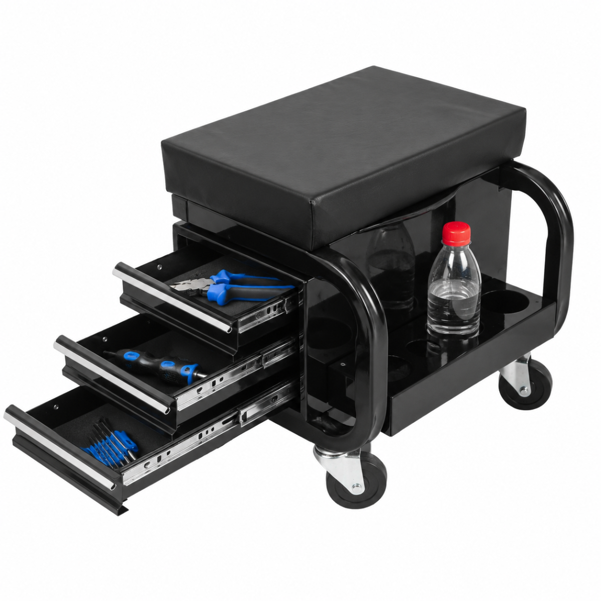 Rolling Garage Stool With 3 Drawers, Heavy Duty Mechanic Seat With Padded Vinyl Cushion, Tool Storage Cart, 350 Lbs Capacity