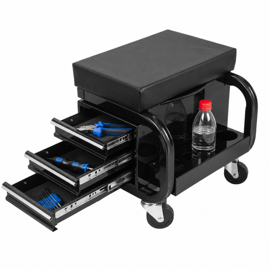 Rolling Garage Stool With 3 Drawers, Heavy Duty Mechanic Seat With Padded Vinyl Cushion, Tool Storage Cart, 350 Lbs Capacity