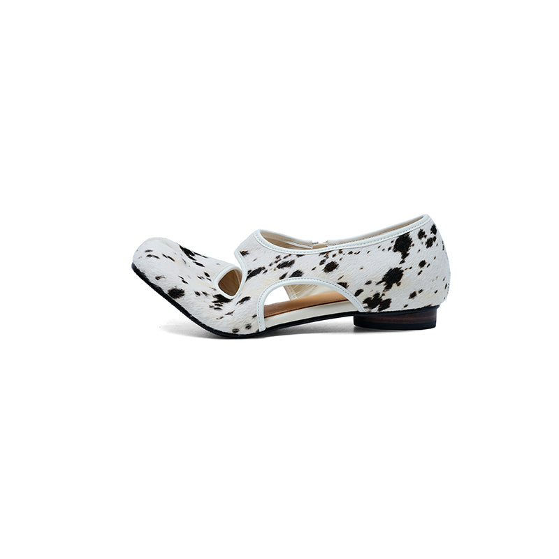 Women's Premium Full Grain Leather Pony Hair Split-Toe Mary Jane Flats, Shallow Cut-Out Shoes