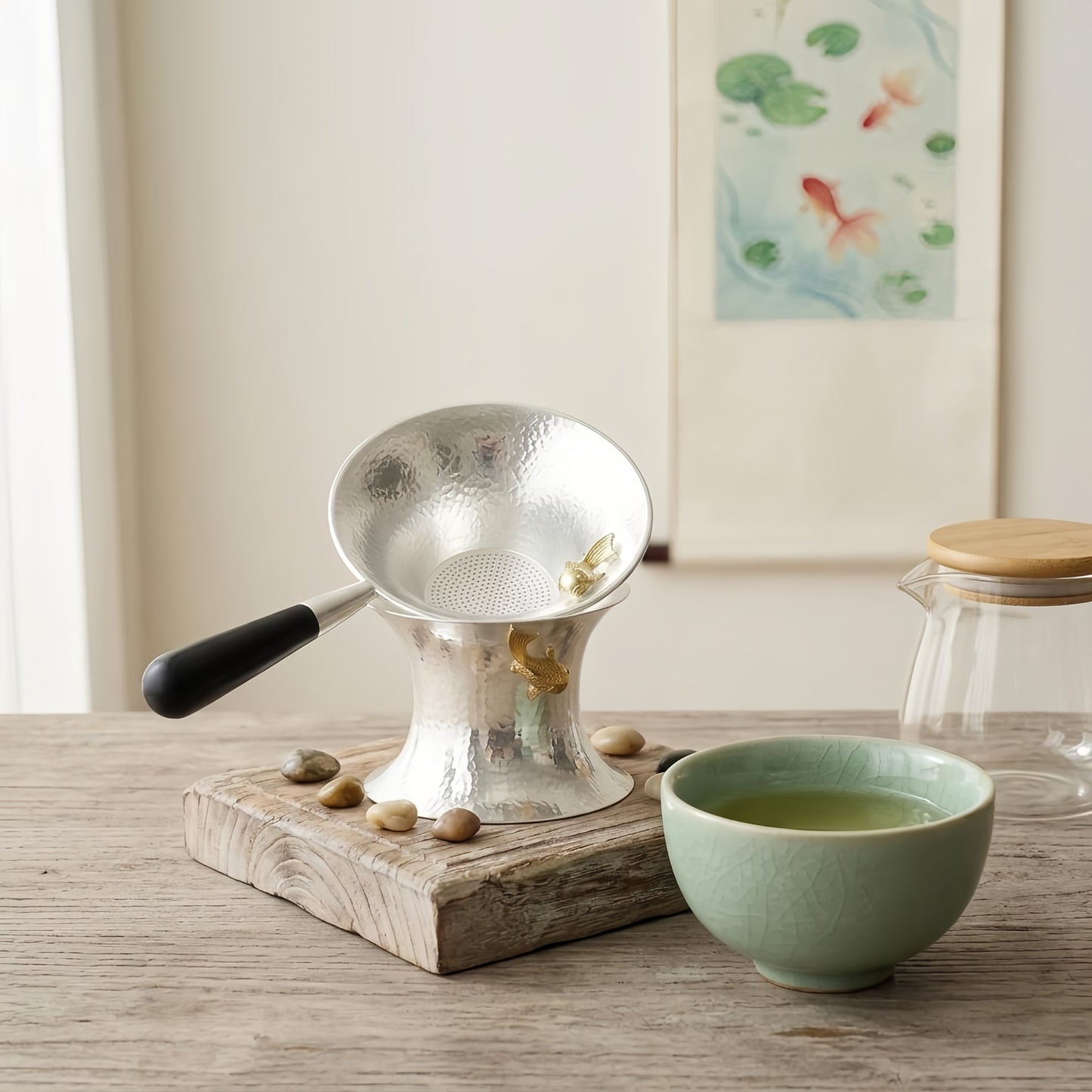 Pure 999 Fine Silver Hand-Hammered Silver Tea Strainer Set with Brass-Toned Fish Accents and Black Handle - Handicraft