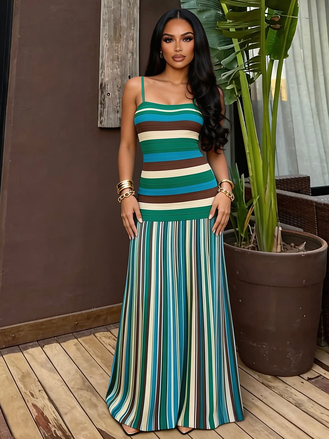Womens Summer Fashion Strap Dress With Color-Block And Striped Backless Design