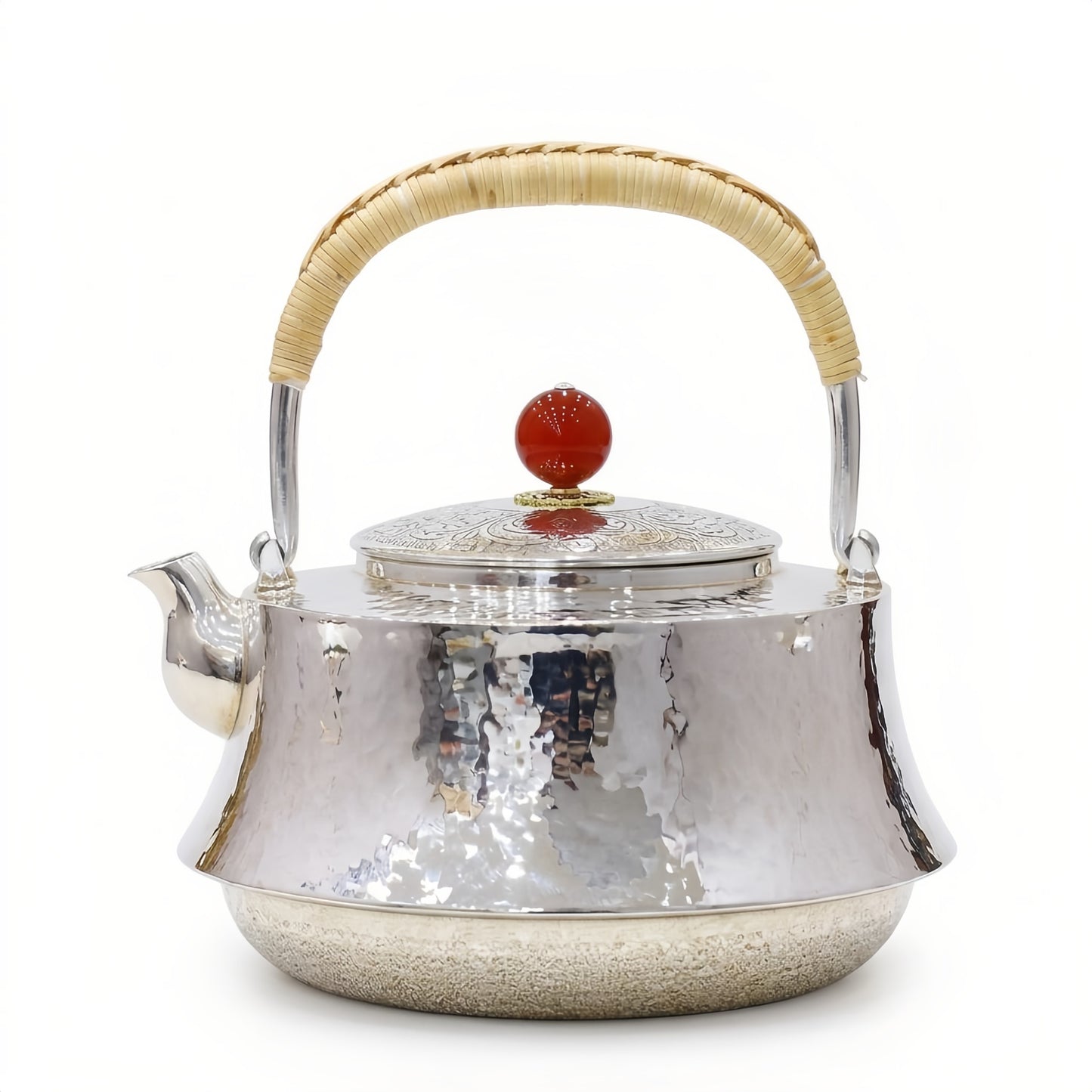 925 Sterling Silver Elegant Hand-Hammered Silver Tea Kettle with Woven Handle and Red Bead Ornament - Handicraft