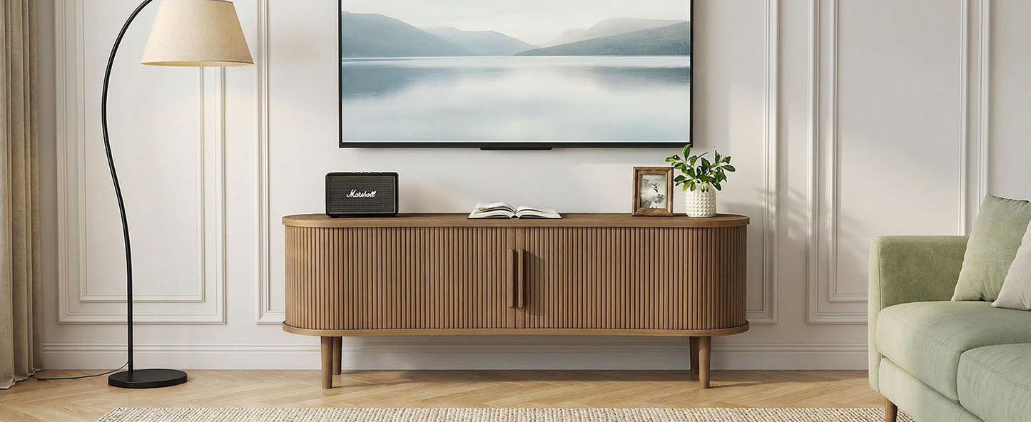 63in Fluted TV Stand Modern Media Console Table Entertainment Center With Sliding Door And Solid Wood Legs For Living Room Bedroom Office