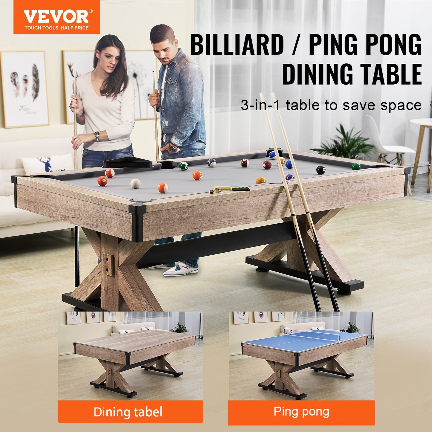 Billiards Table Combo Set, 7ft 3-in-1 Multi Game Table With Dining, Pool, And Tennis Table, Includes Full Set Of Accessories, Wood Color With Grey Cloth, Perfect For Family Game Room Kids Adults