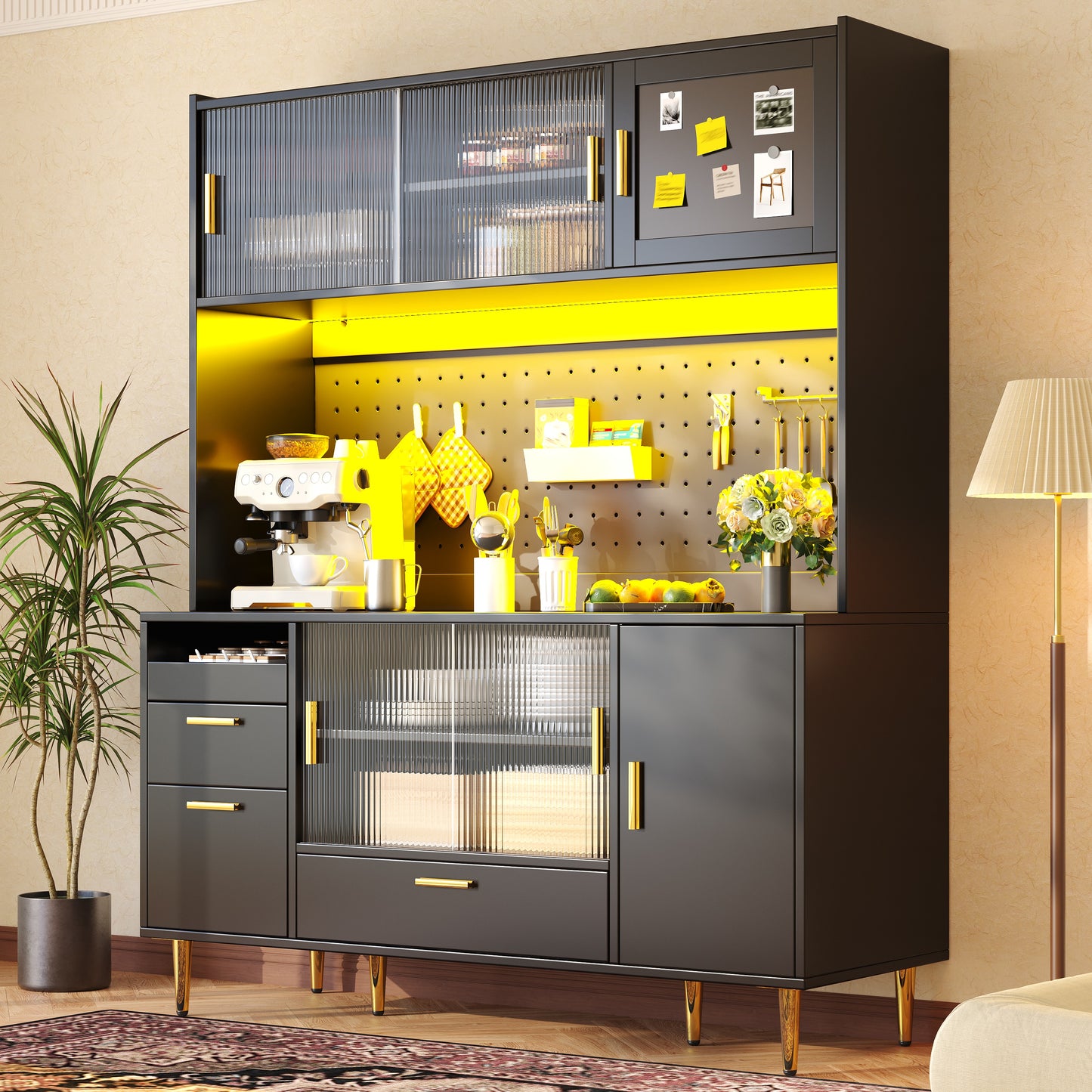 Tall Cabinets For The Living Room  140x40x180cm , Kitchen Cabinet, Dining Room Cabinet, Cabinets With LED Lighting, Magnetic Door Panels, Tall Cabinet With Pegboard Shelves, Black