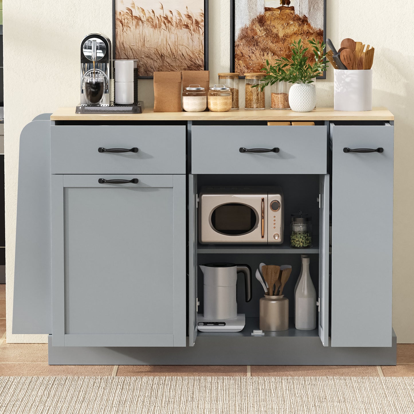 Modern Sideboard With Different Drawers, Buffet Cabinet With Waste Bin Compartment And External Spice Rack For Dining Room, Living Room And Kitchen  Grey