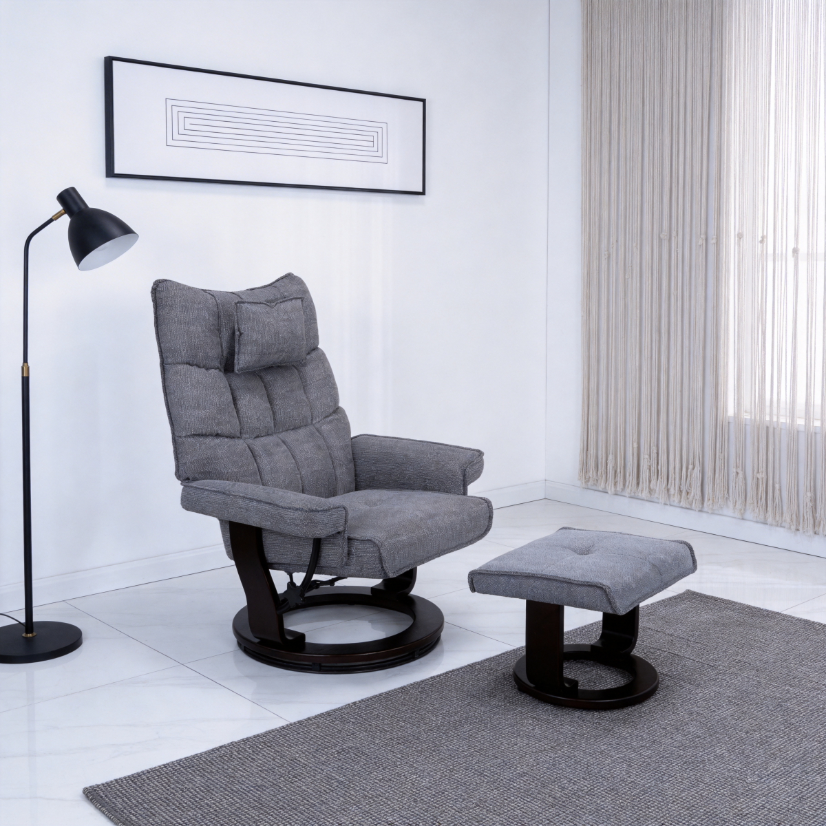 8-Point Massage Recliner with Ottoman, Heated Chenille Fabric  Reclining Chair, Bent Wood  Base, Indoor Lounge TV Chair with Footrest for Living Room and Bedroom, Grey