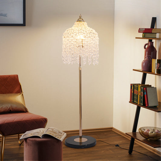 3-Light Elegant Crystal Floor Lamp  Vintage Waterfall Design With Grape-Shaped Crystal Bead Strings And Marble Texture Base For Living Room, Bedroom, Or Office Decor Bulb Not Included