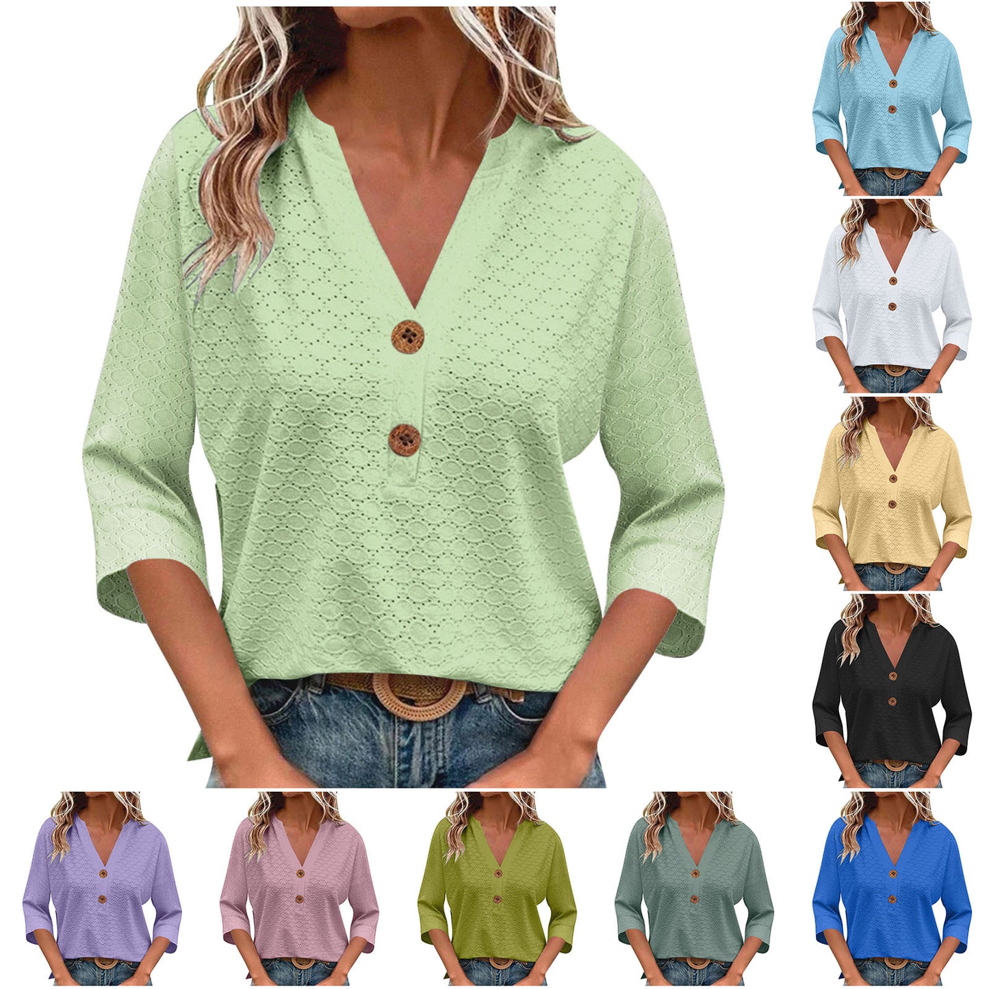 New Womens Fashion Casual Solid-color V-neck Long-sleeve Top With Buttons