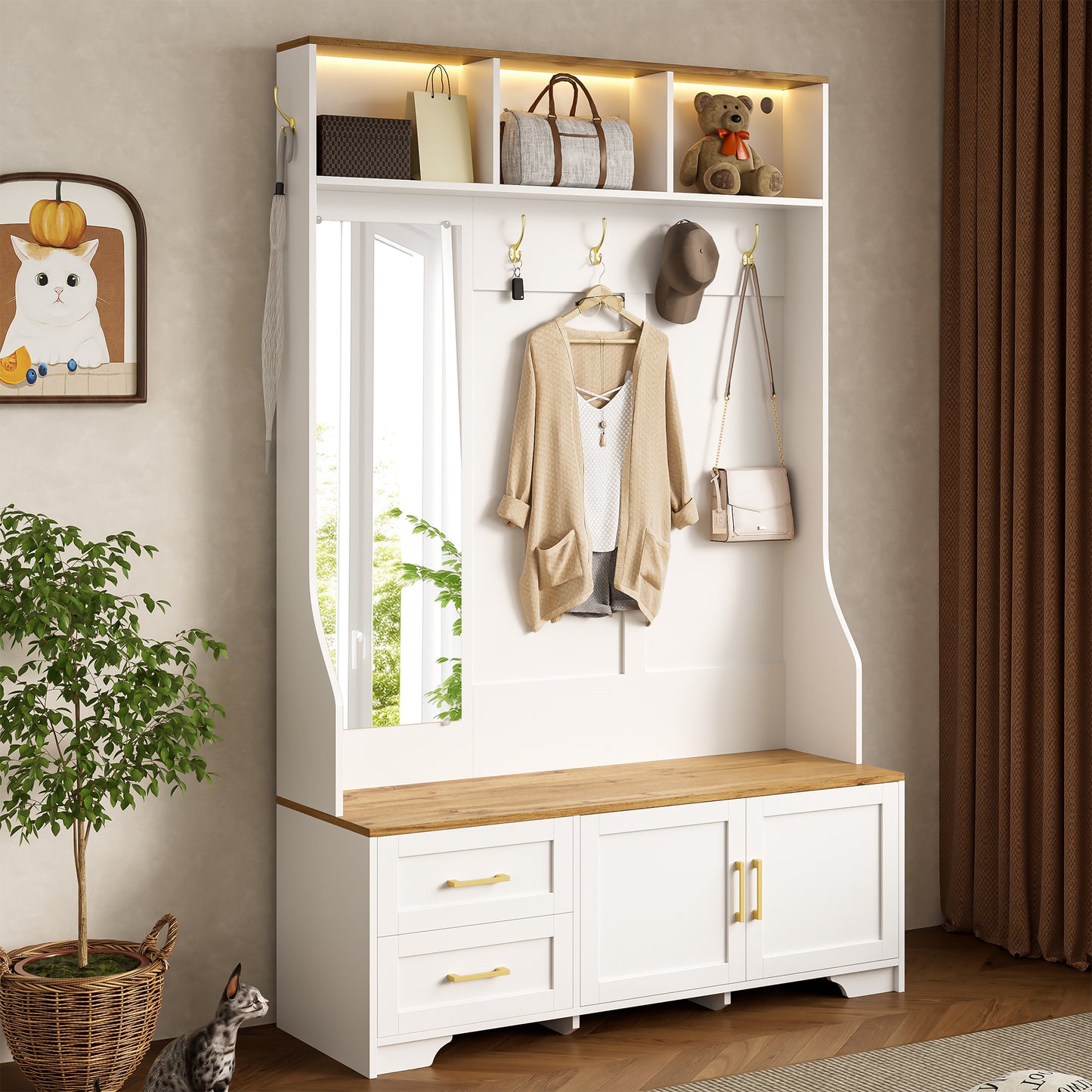 Multifunctional Hallway And Shoe Cabinet With LED Lighting, Mirror, Hooks And Drawers  Modern Wardrobe For Entrance Area & Hallway With Storage Space And Seating Area