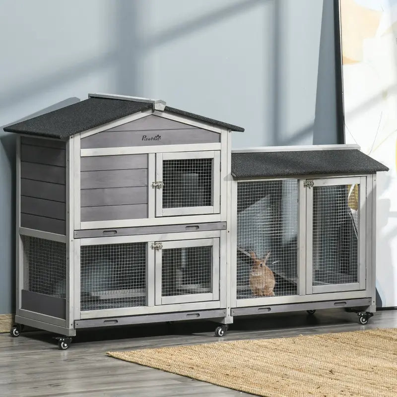 Wooden Mobile Rabbit Hutch With Wheels, Run Box, Slide-out Tray, Ramp