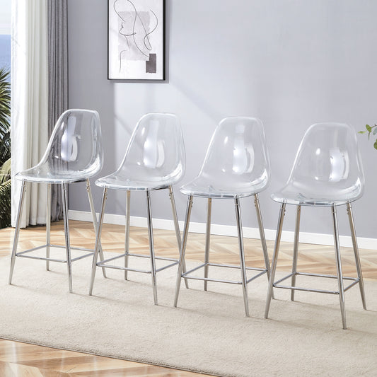 Transparent Bar Stool Set, Pack Of 4, With Metal Frame In Silver Gold Black, Modern Design Chairs For Kitchen, Bar Or Dining Room  Chairs Only, Without Table