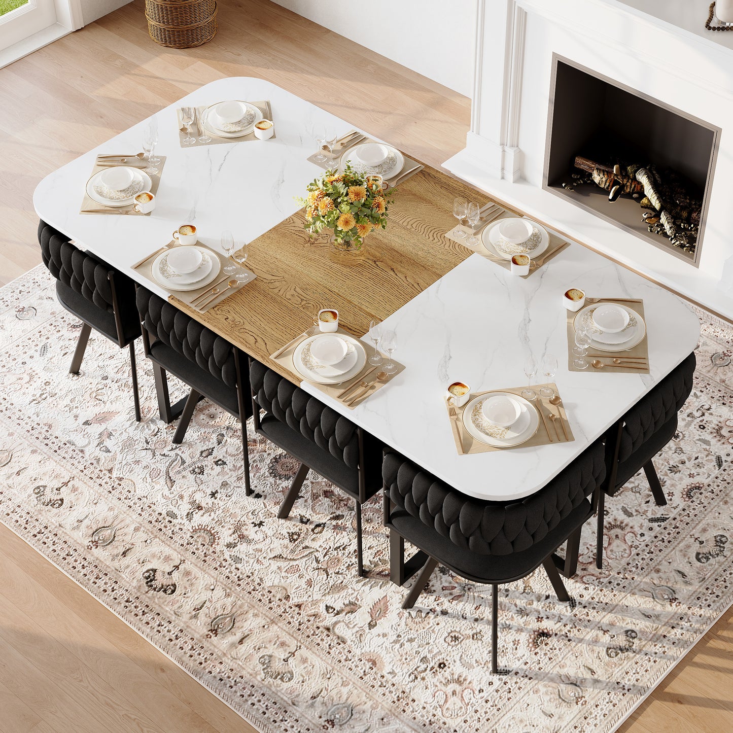 9-Piece Square Dining Table Set, Fixed White Faux Marble & Wood Grain Triamine Tabletop With 8 Black Velvet Chairs, Modern Kitchen Table Set For 8 People, Ideal For Family Gatherings, Dining Room