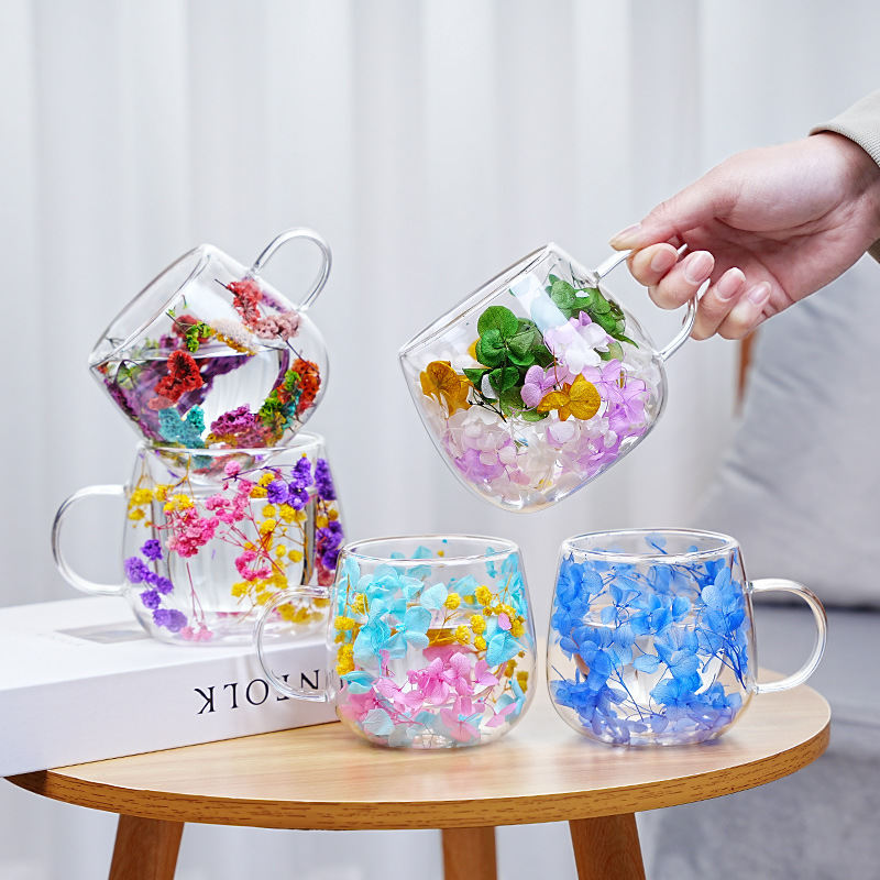 High-borosilicate Glass Tea Cup Internet-famous Double Layer Design With Real Flowers Inside
