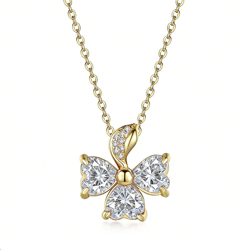 S925 Sterling Silver 3-Leaf Clover Moissanite Necklace 3pcs 6x6mm Heart Cut Stones GRA Certified 45cm Platinum Gold Plated Gift Box