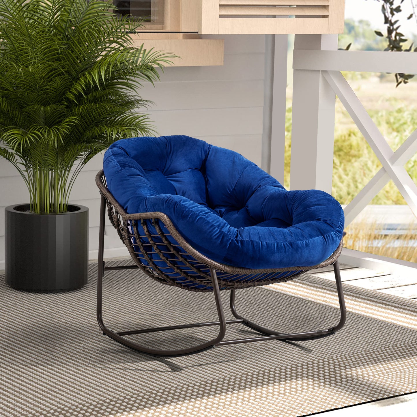 Outdoor Rattan Rocking Chair,Padded Cushion Rocker Recliner Chair Outdoor For Front Porch, Living Room, Patio, Garden, Navy Blue