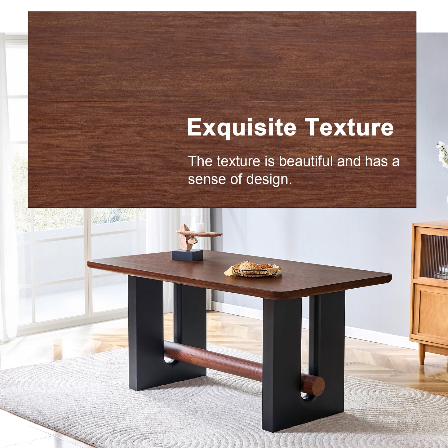 All-MDF Walnut & Black Dining Table, Modern Compact Kitchen Table For Small Spaces, Sturdy Home Apartment Dining Room Furniture With Sleek Two-Tone Finish