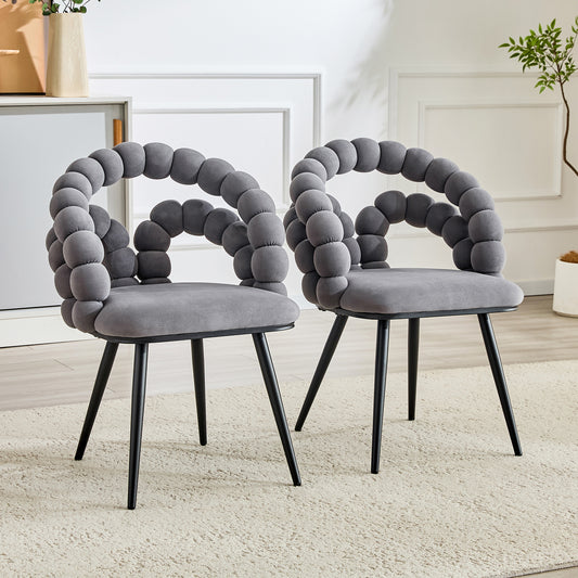 Set Of 2 Grey Velvet Bubble Dining Chairs,Modern Velvet Pebble Accent Side Chair With Curved Bubble Backrest & Black Metal Legs, Luxury Vanity Desk Chair For Kitchen Dining Room Bedroom Living Room