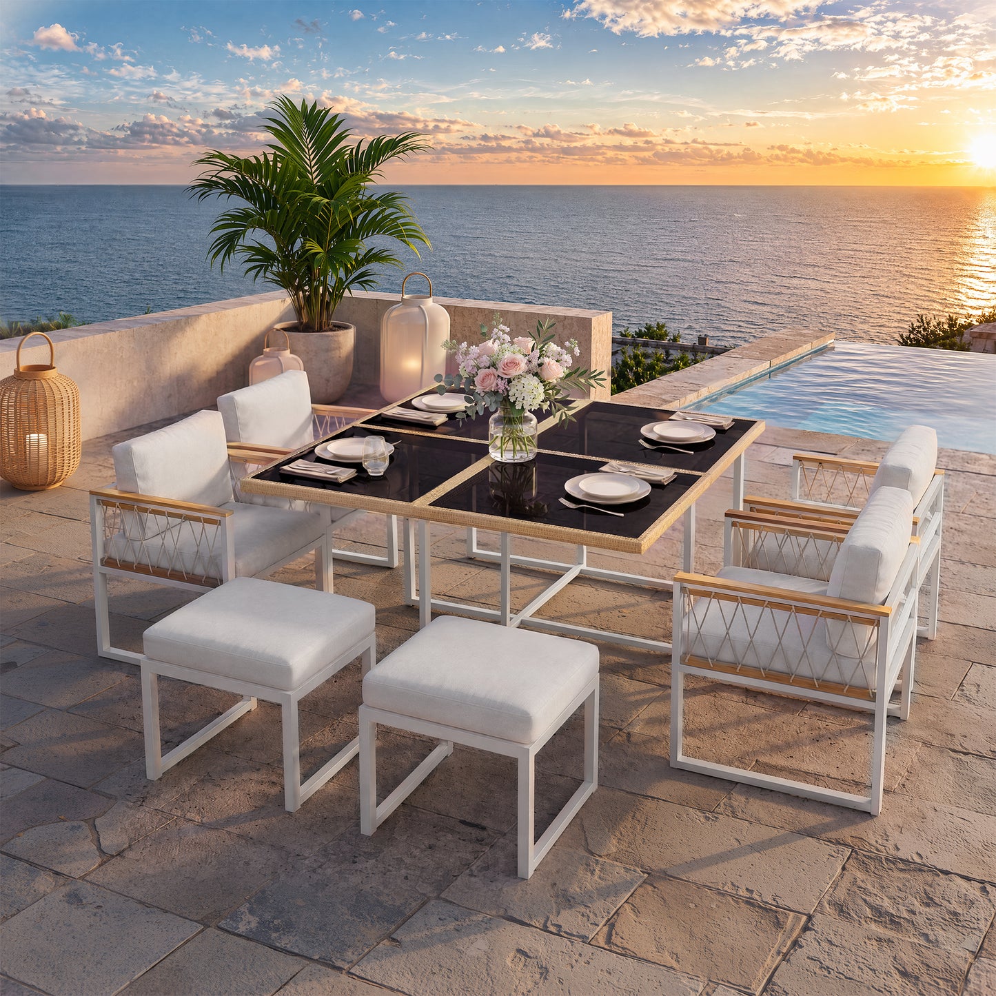 This 7-piece Garden Furniture Set Can Accommodate 6 People. It Features A Tempered Glass Tabletop With Polyester Rope Wrapping And WPC Handrails, Making It Ideal For Outdoor Applications.