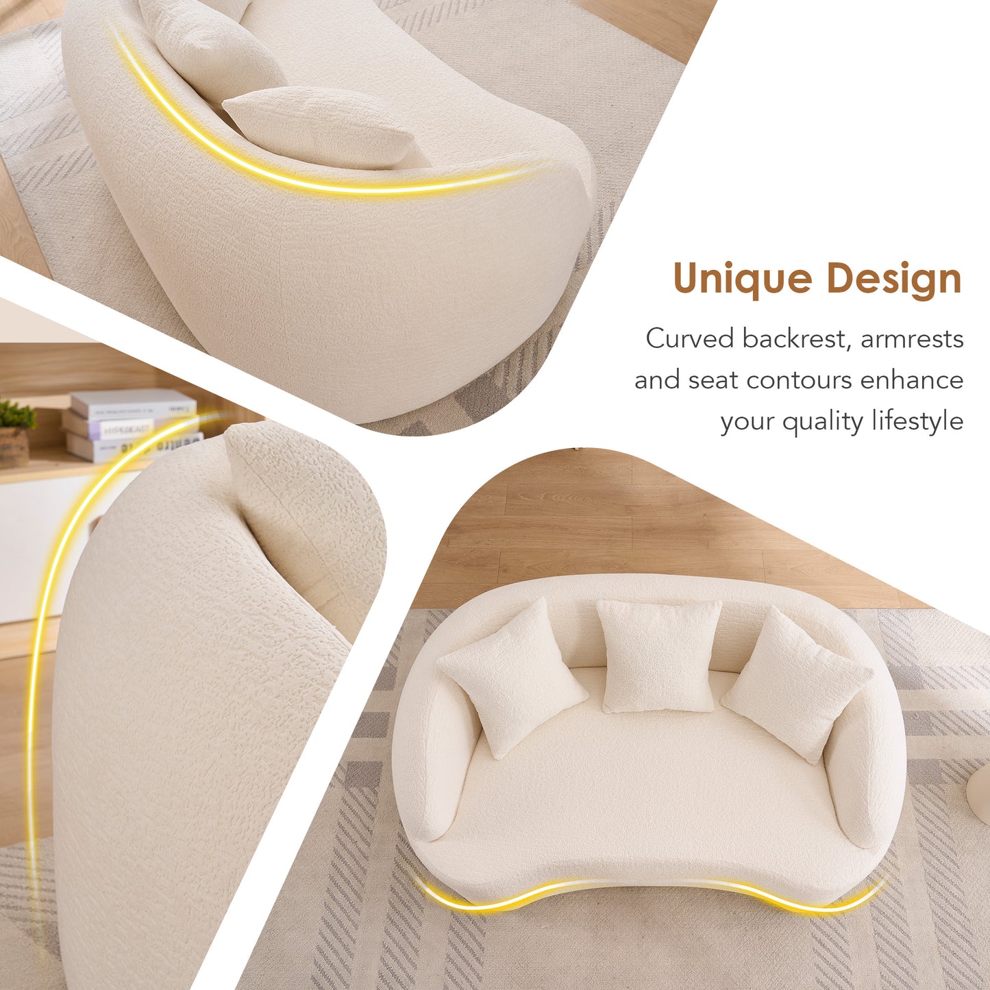LY-049S Curved Modern Boneless Sofa Loveseat  Backrest Upgrade  2-Seater Off-White Chenille Compression Couch With 3 Pillows  Minimalist Modular Couches For Living Room  Office  Apartment  Guest Room