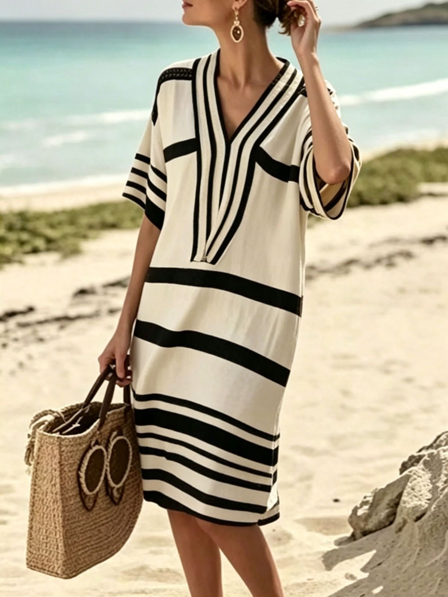 2026 New Summer Arrival, European & American Cross-Border In Stock, Printed Stripes Fashion Casual Loose Versatile V-Neck Midi Dress