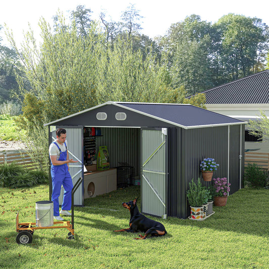 10x12 FT Outdoor Metal Storage Shed, Large Storage Sheds With Sturdy Frame Structure, Metal Garden Tool Shed With Lockable Door For Garden,Gift A Foldable Flower Pot Stand, Backyard, Dark  Gray