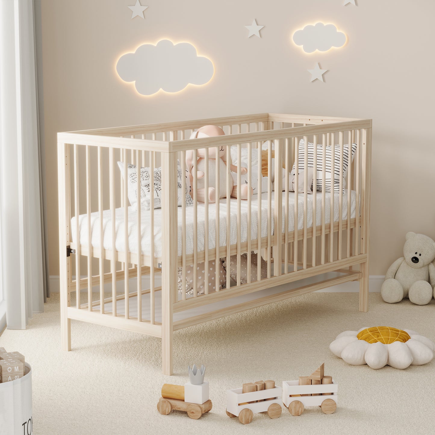 Wooden Baby Bed, Multifunctional Baby Bed, Convertible Into Side Bed  Painter's Board Stand   Desk, Height Adjustable, Without Mattress, Made Of Spruce, Natural Color, 140x60x90cm