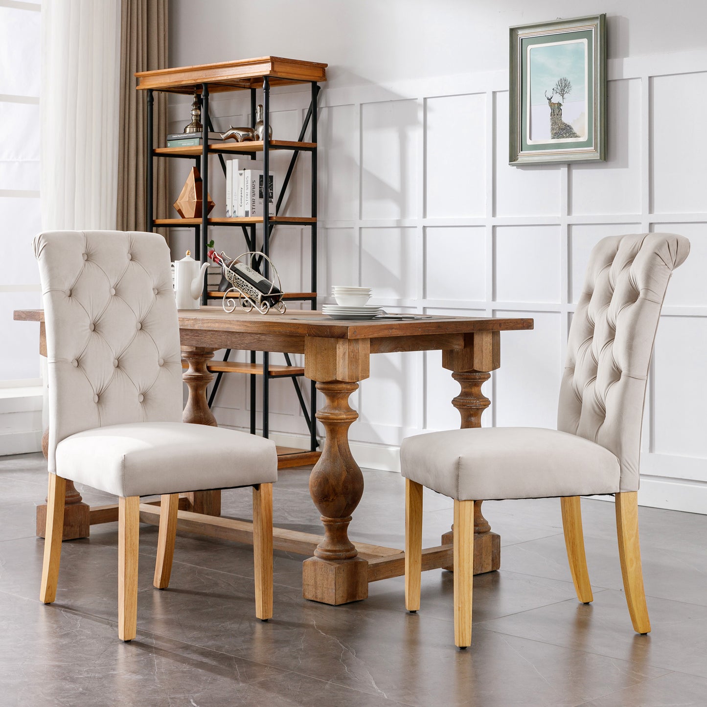Velvet Dining Chairs Set Of 6 With Oak Legs, Knob, Chrome Knocker Bedroom Chair Kitchen Chair Living Room Lounge Leisure Chair, Beige