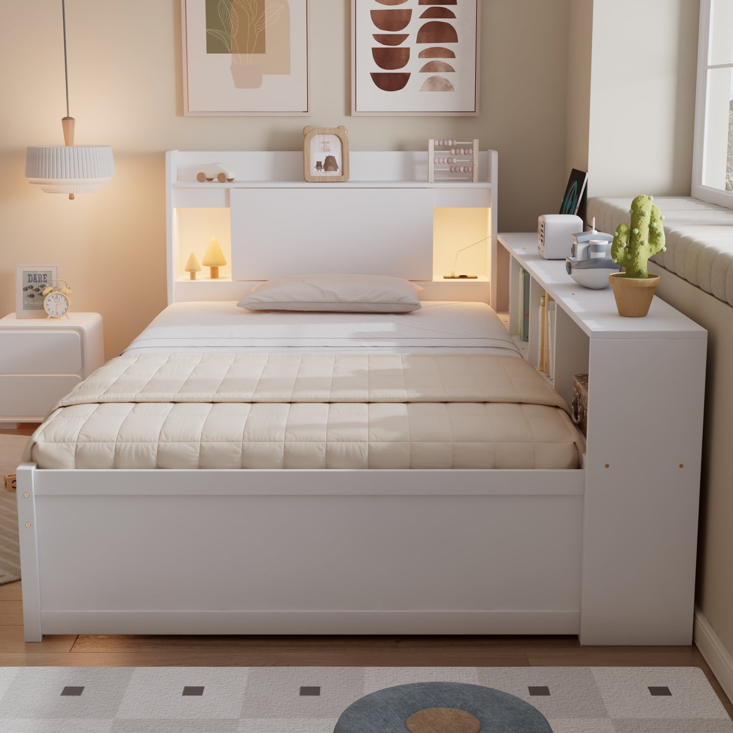 Single Bed, Panel Bed, Headboard With Storage Compartment  2 Lights, With Charging Socket, Side Storage Cabinets And Drawers, Pine Chipboard MDF, White, 90x200cm