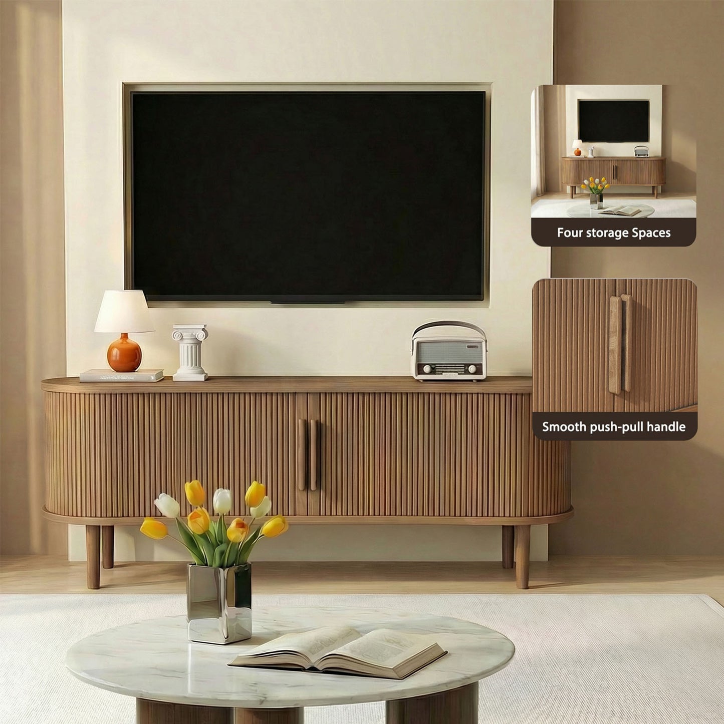 63in Fluted TV Stand Modern Media Console Table Entertainment Center With Sliding Door And Solid Wood Legs For Living Room Bedroom Office