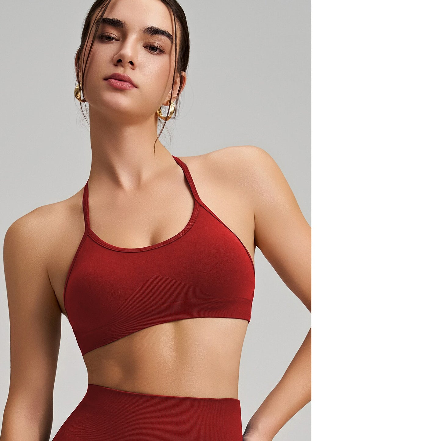 Women's Seamless Thin Strap Cross Back Yoga Outfit Set, Quick-Dry Tight Sports Fitness Bra For Running