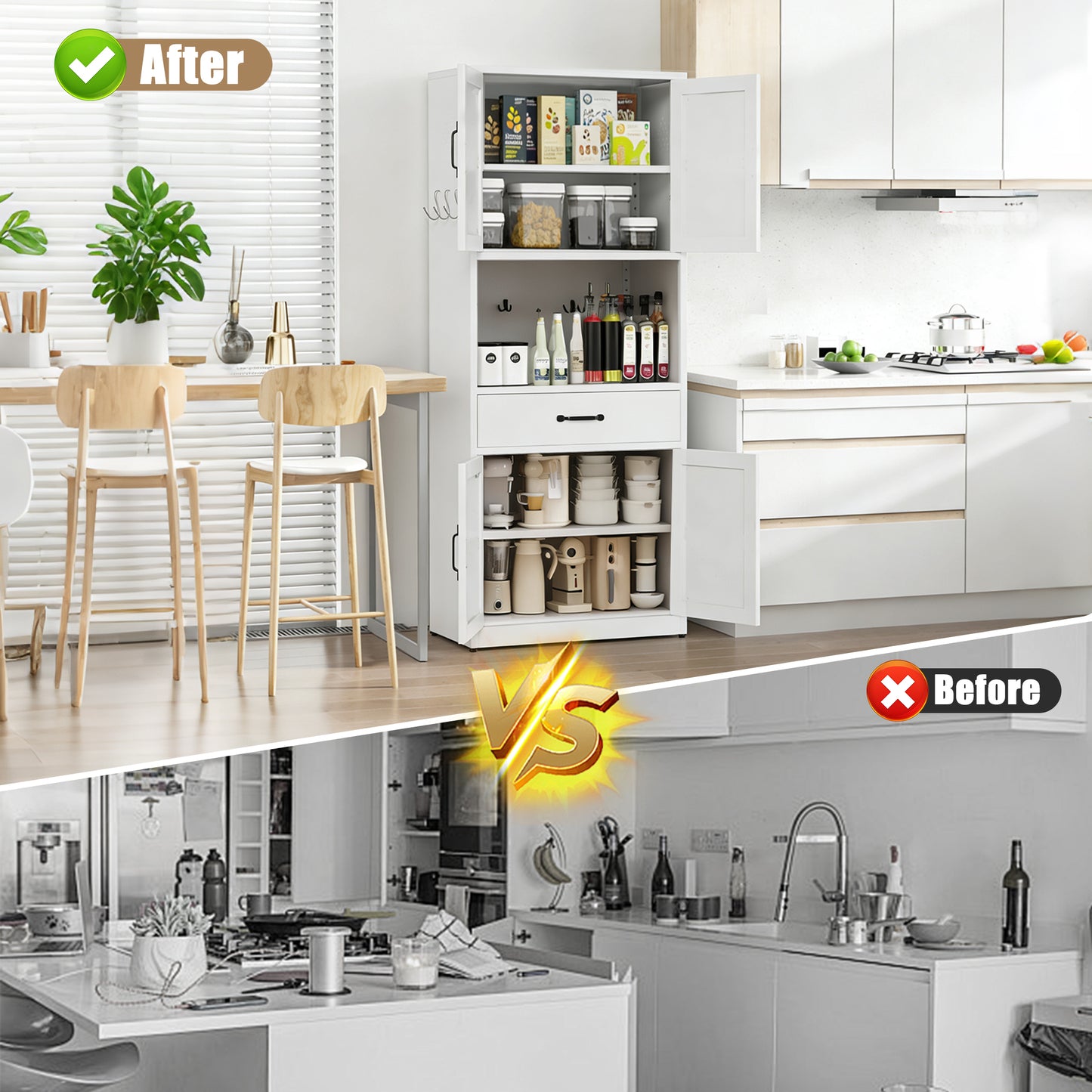 71  High White Steel Kitchen Pantry Storage Cabinet With Large Countertop, Adjustable Shelves, Drawers And Hooks, Heavy-duty Modern Style Cabinet