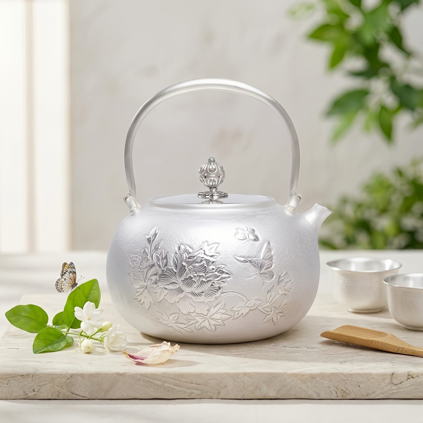 925 Sterling Silver Handcrafted Sterling Silver Tea Kettle Featuring Exquisite Peony and Butterfly Relief - Handicraft