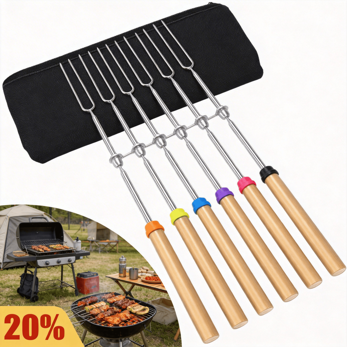Set Of 8 Stainless Steel Bread Sticks, Telescoping Barbecue Forks For Campfires, Reusable Barbecue Skewers For Outdoor Parties, And A Camping Party Accessory Set
